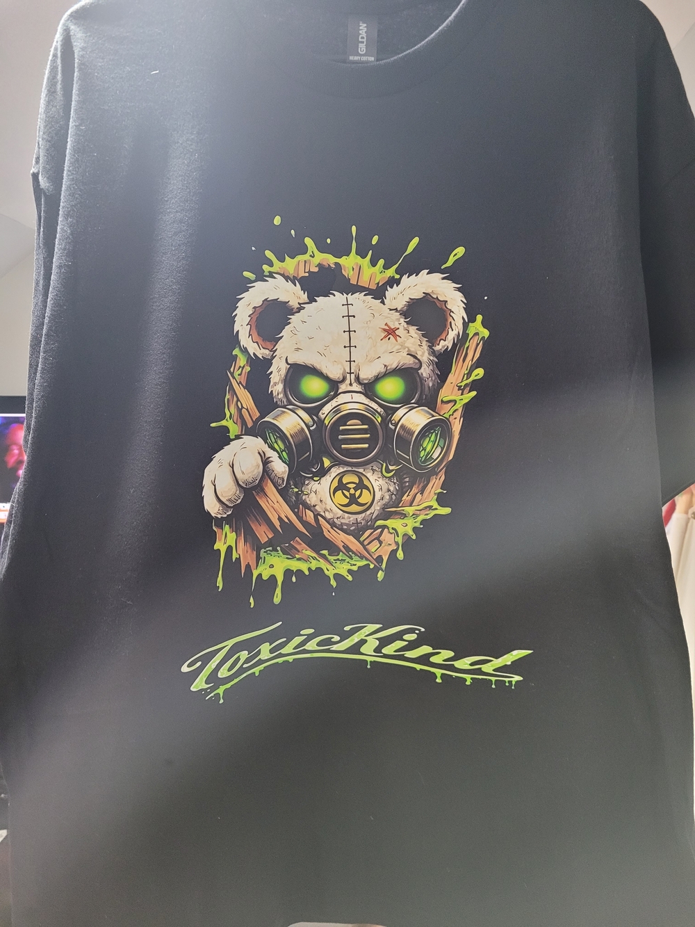 Mens Black Graphic Tee with Neon Green Bear Design